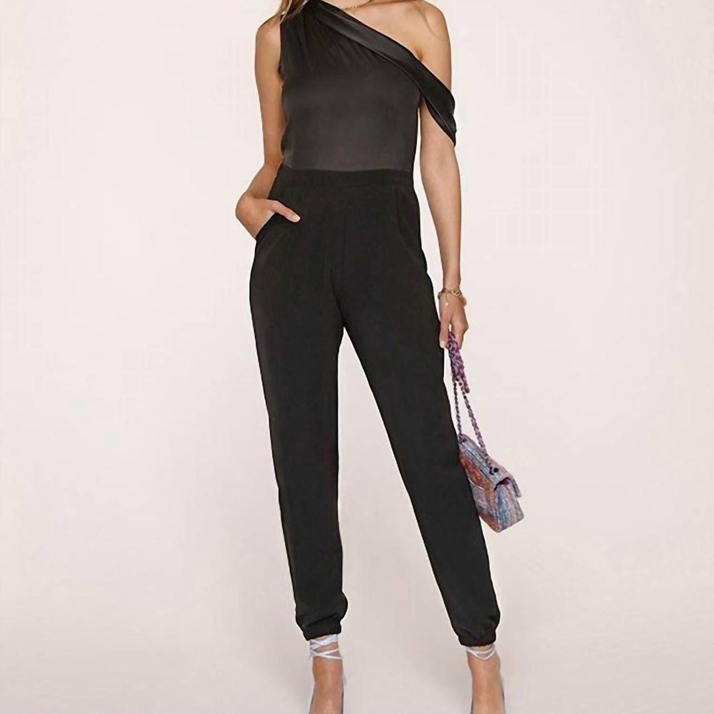 Heartloom Monique One Shoulder Black Satin Bodice Jumpsuit Size Small NWT!
